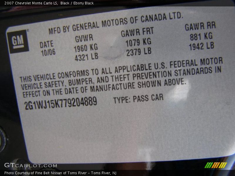 Black / Ebony Black 2007 Chevrolet Monte Carlo LS
