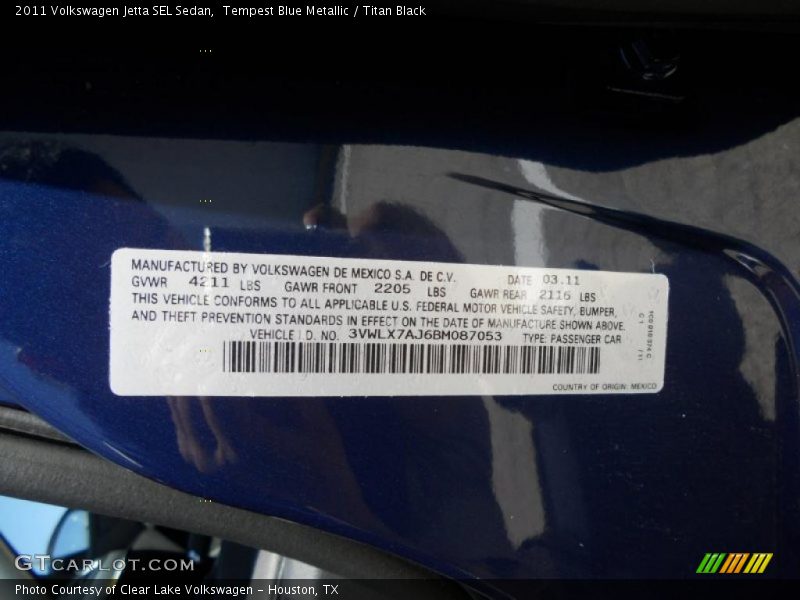 Tempest Blue Metallic / Titan Black 2011 Volkswagen Jetta SEL Sedan