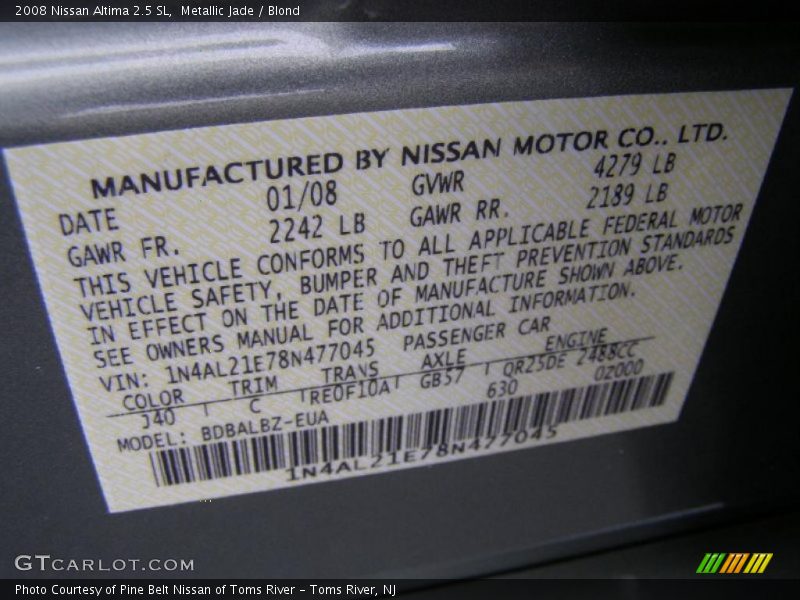 Metallic Jade / Blond 2008 Nissan Altima 2.5 SL