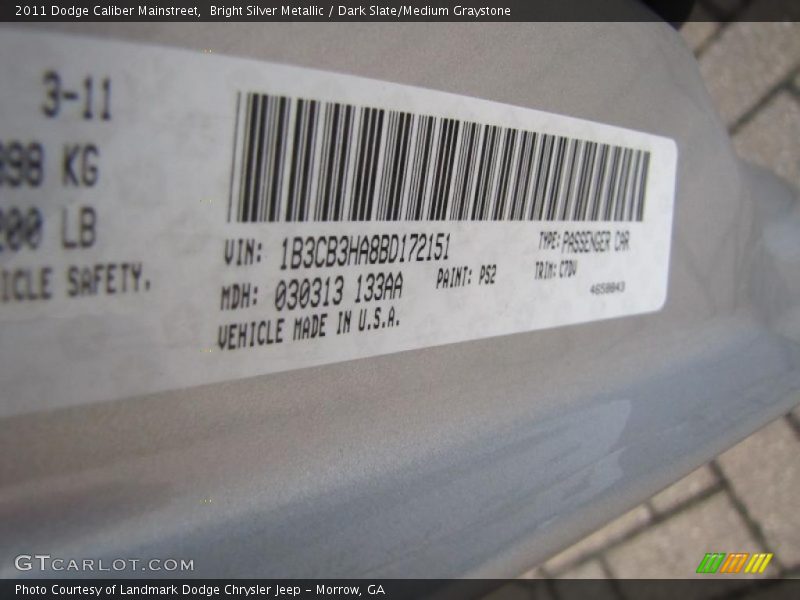 Bright Silver Metallic / Dark Slate/Medium Graystone 2011 Dodge Caliber Mainstreet
