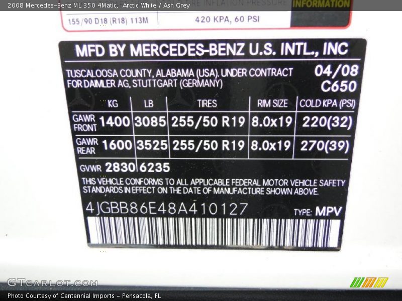 Arctic White / Ash Grey 2008 Mercedes-Benz ML 350 4Matic