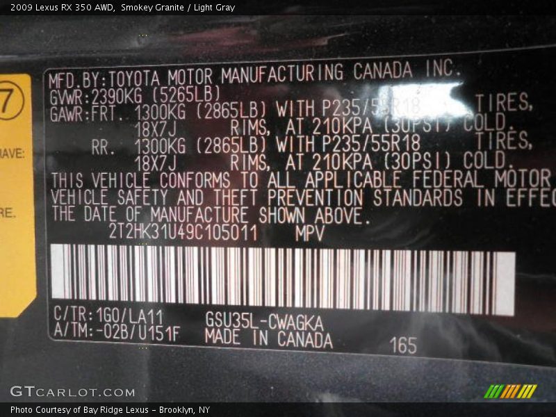 Smokey Granite / Light Gray 2009 Lexus RX 350 AWD