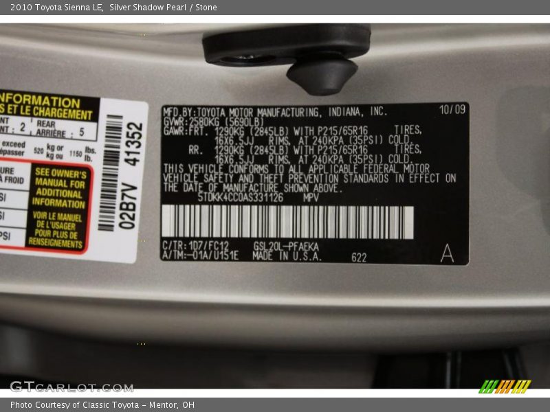 Silver Shadow Pearl / Stone 2010 Toyota Sienna LE