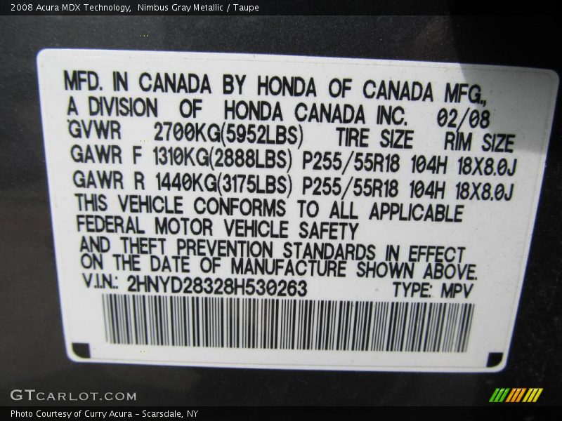 Nimbus Gray Metallic / Taupe 2008 Acura MDX Technology