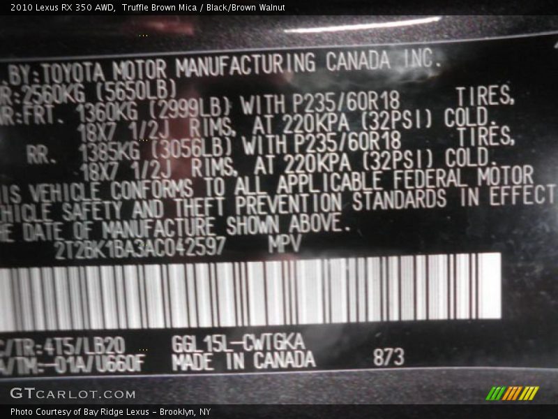 Truffle Brown Mica / Black/Brown Walnut 2010 Lexus RX 350 AWD