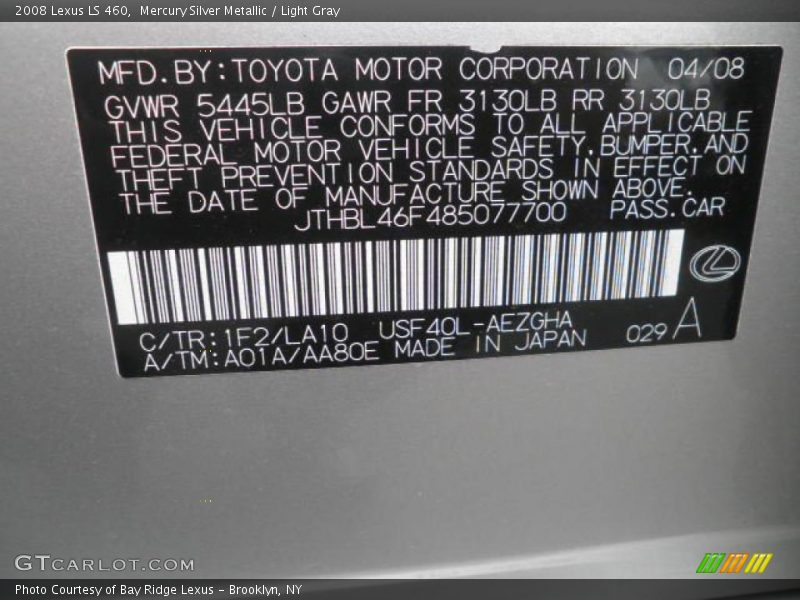 2008 LS 460 Mercury Silver Metallic Color Code 1F2