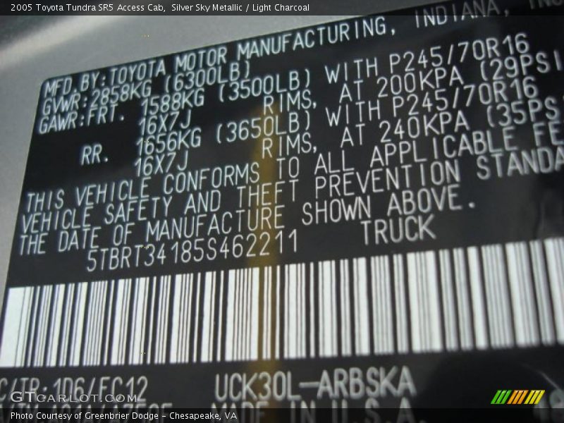2005 Tundra SR5 Access Cab Silver Sky Metallic Color Code 1D6