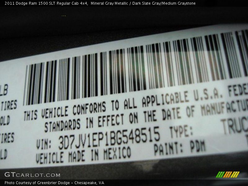 Mineral Gray Metallic / Dark Slate Gray/Medium Graystone 2011 Dodge Ram 1500 SLT Regular Cab 4x4