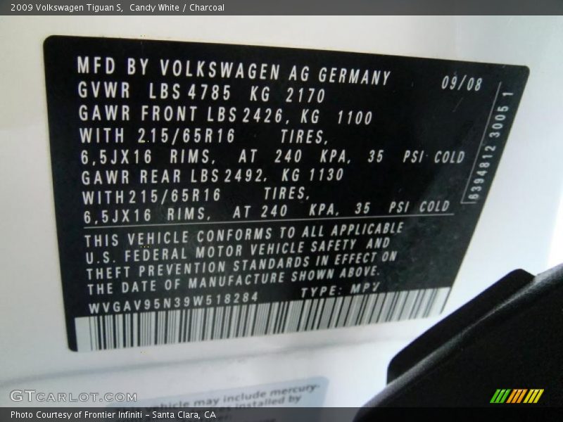 Candy White / Charcoal 2009 Volkswagen Tiguan S