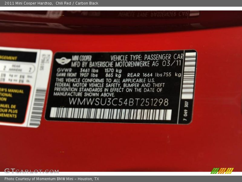 Chili Red / Carbon Black 2011 Mini Cooper Hardtop