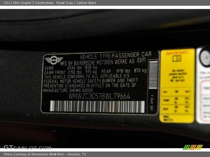 Royal Gray / Carbon Black 2011 Mini Cooper S Countryman