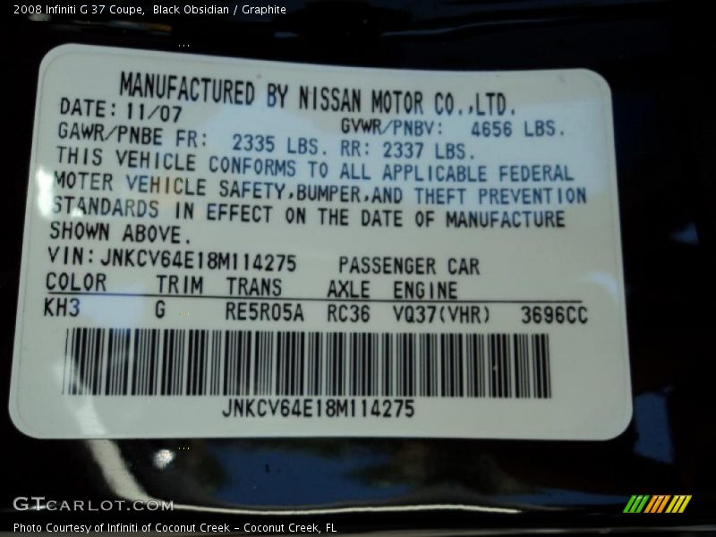 Black Obsidian / Graphite 2008 Infiniti G 37 Coupe