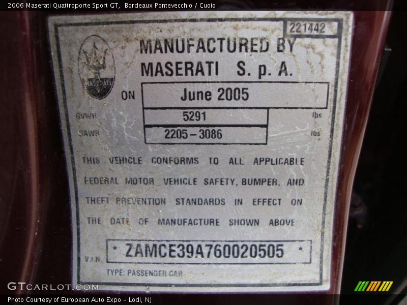 Info Tag of 2006 Quattroporte Sport GT