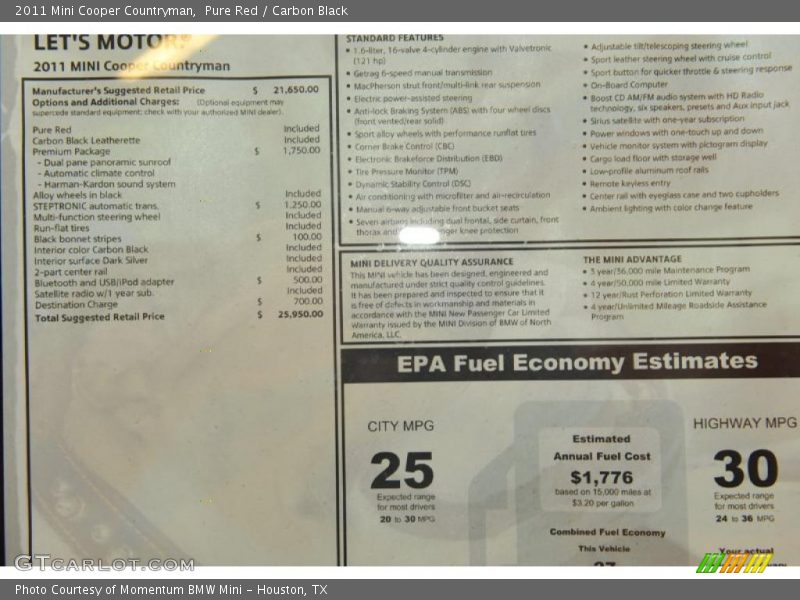  2011 Cooper Countryman Window Sticker