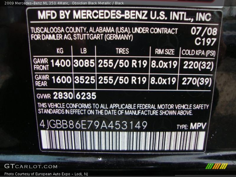Obsidian Black Metallic / Black 2009 Mercedes-Benz ML 350 4Matic