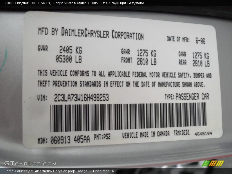 2006 300 C SRT8 Bright Silver Metallic Color Code PS2