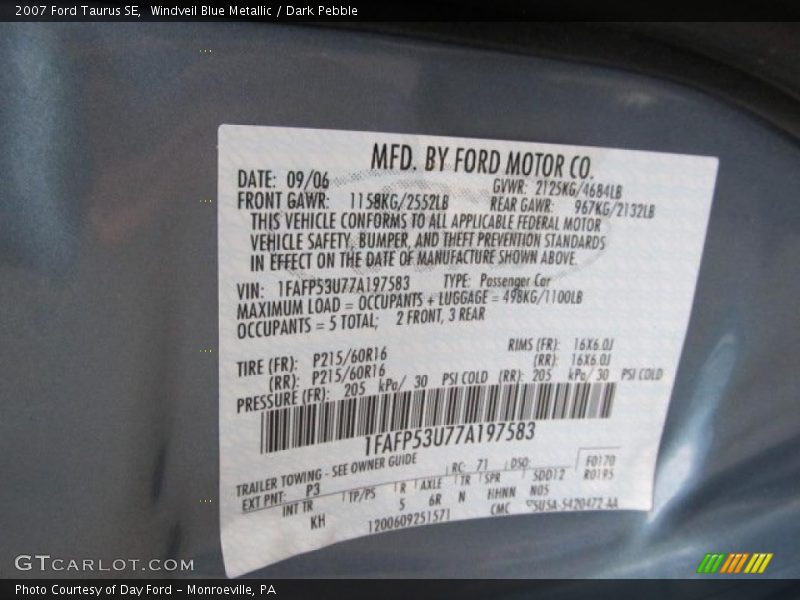 2007 Taurus SE Windveil Blue Metallic Color Code P3