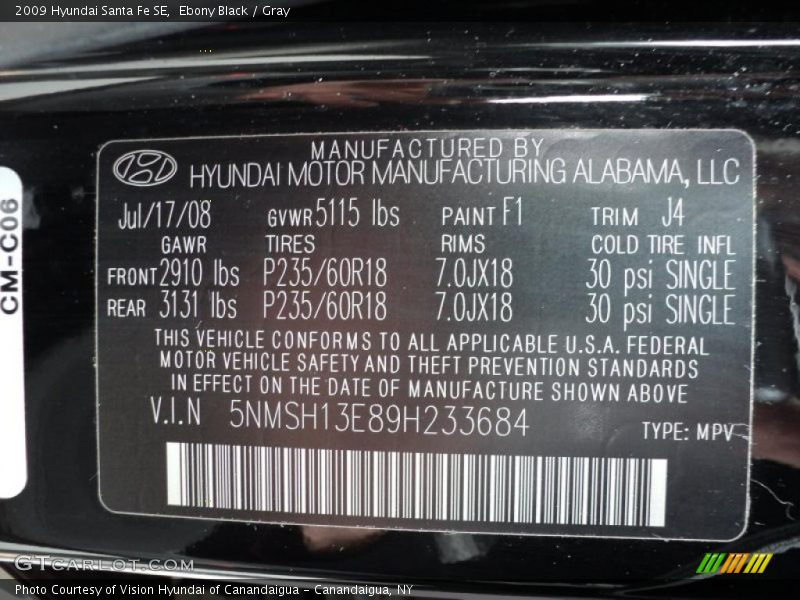 Ebony Black / Gray 2009 Hyundai Santa Fe SE