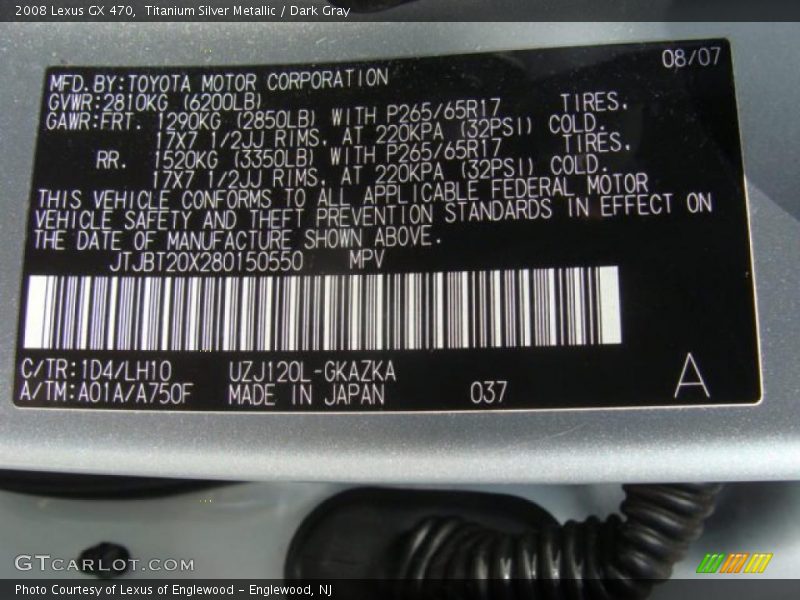 Titanium Silver Metallic / Dark Gray 2008 Lexus GX 470