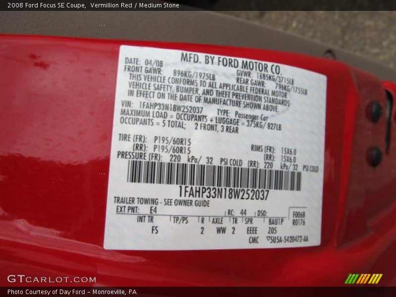 Vermillion Red / Medium Stone 2008 Ford Focus SE Coupe