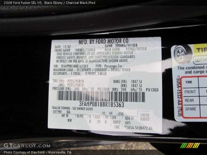 Black Ebony / Charcoal Black/Red 2008 Ford Fusion SEL V6
