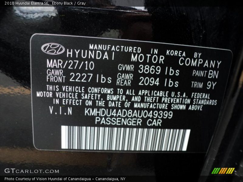 Ebony Black / Gray 2010 Hyundai Elantra SE