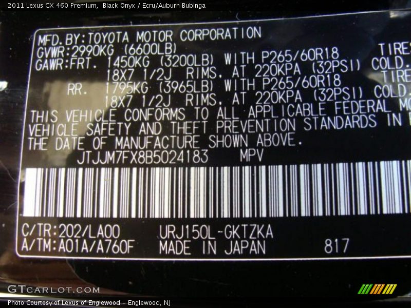 2011 GX 460 Premium Black Onyx Color Code 202
