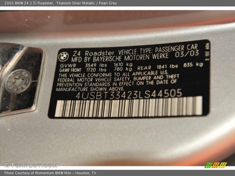 Titanium Silver Metallic / Pearl Grey 2003 BMW Z4 2.5i Roadster