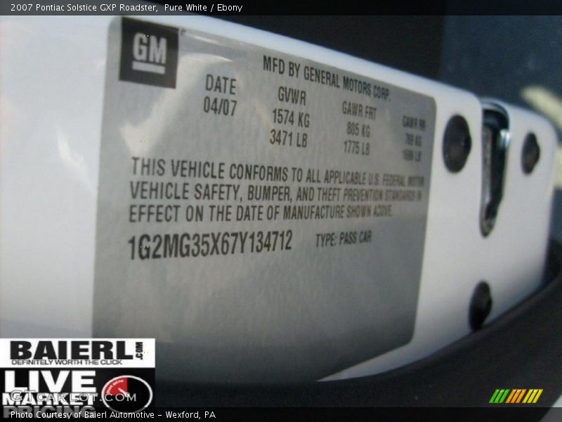 Pure White / Ebony 2007 Pontiac Solstice GXP Roadster