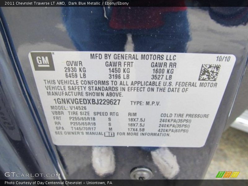 Dark Blue Metallic / Ebony/Ebony 2011 Chevrolet Traverse LT AWD
