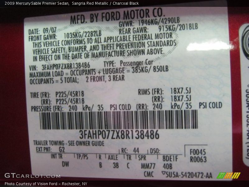 Sangria Red Metallic / Charcoal Black 2009 Mercury Sable Premier Sedan