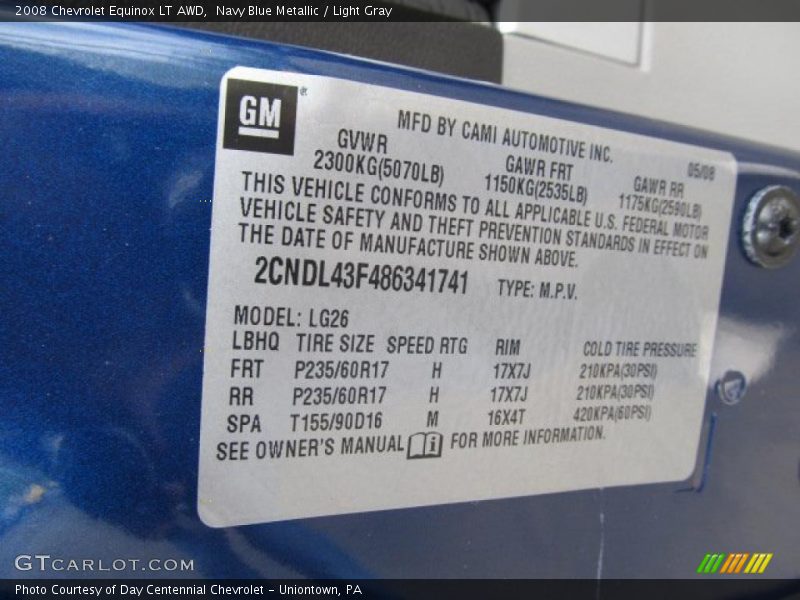Navy Blue Metallic / Light Gray 2008 Chevrolet Equinox LT AWD