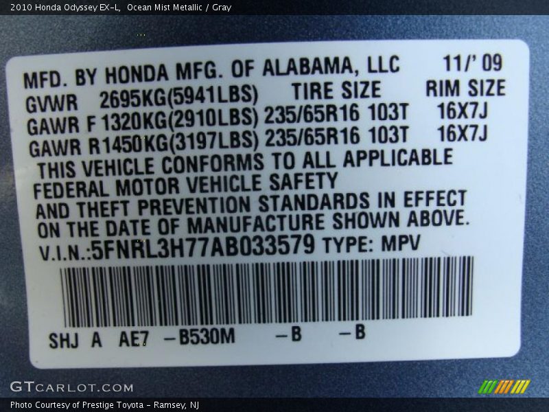 Ocean Mist Metallic / Gray 2010 Honda Odyssey EX-L