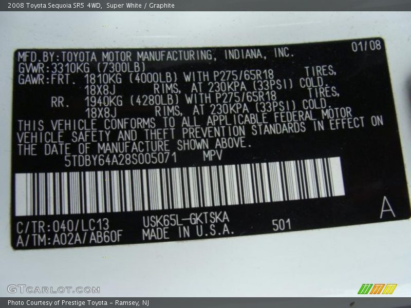 Super White / Graphite 2008 Toyota Sequoia SR5 4WD