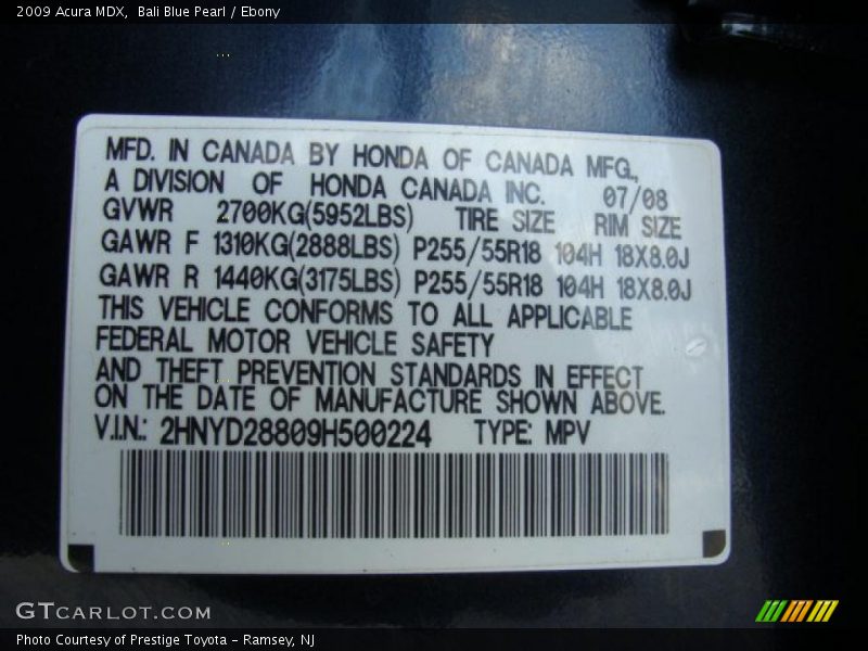 Bali Blue Pearl / Ebony 2009 Acura MDX