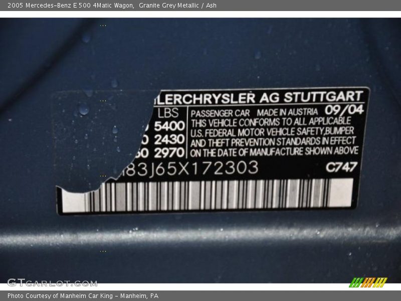 2005 E 500 4Matic Wagon Granite Grey Metallic Color Code 747