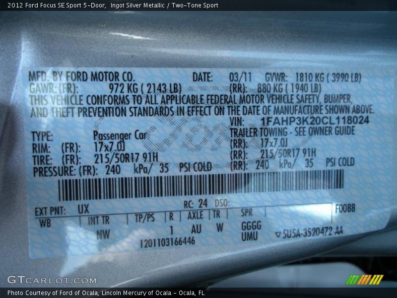 2012 Focus SE Sport 5-Door Ingot Silver Metallic Color Code UX