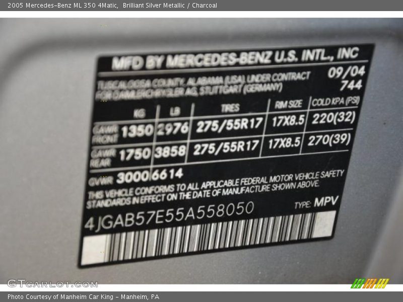 Brilliant Silver Metallic / Charcoal 2005 Mercedes-Benz ML 350 4Matic
