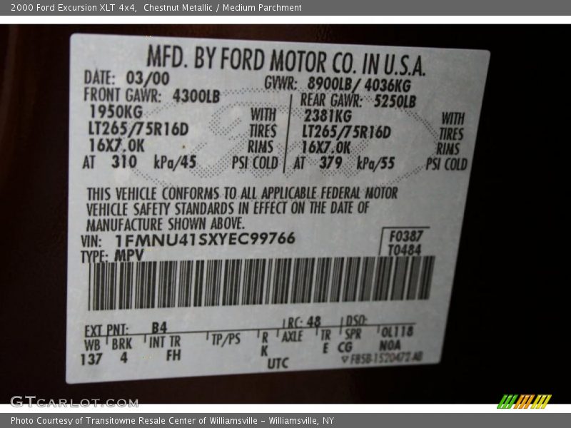 2000 Excursion XLT 4x4 Chestnut Metallic Color Code B4