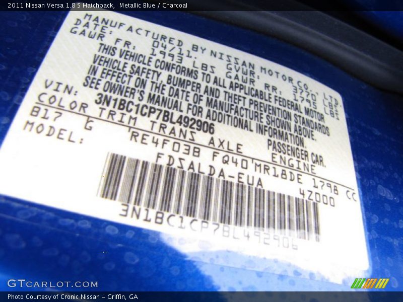 Metallic Blue / Charcoal 2011 Nissan Versa 1.8 S Hatchback