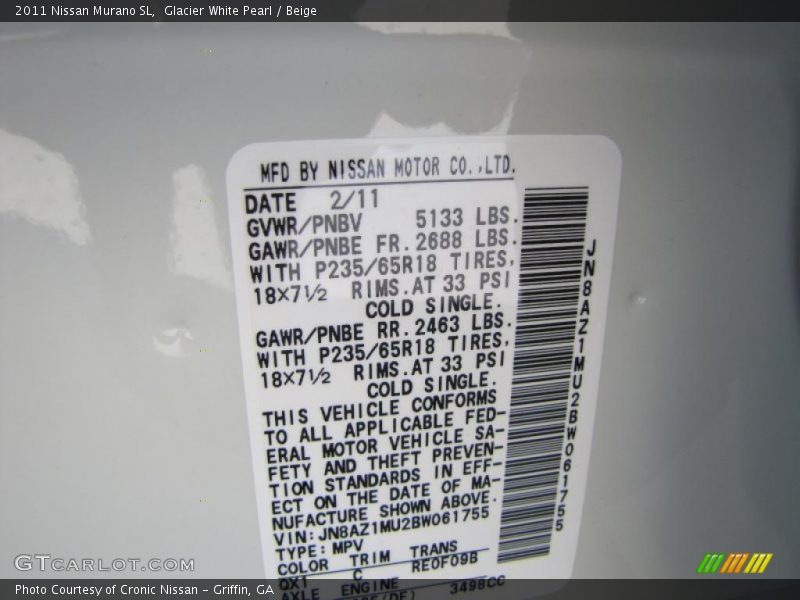 Glacier White Pearl / Beige 2011 Nissan Murano SL
