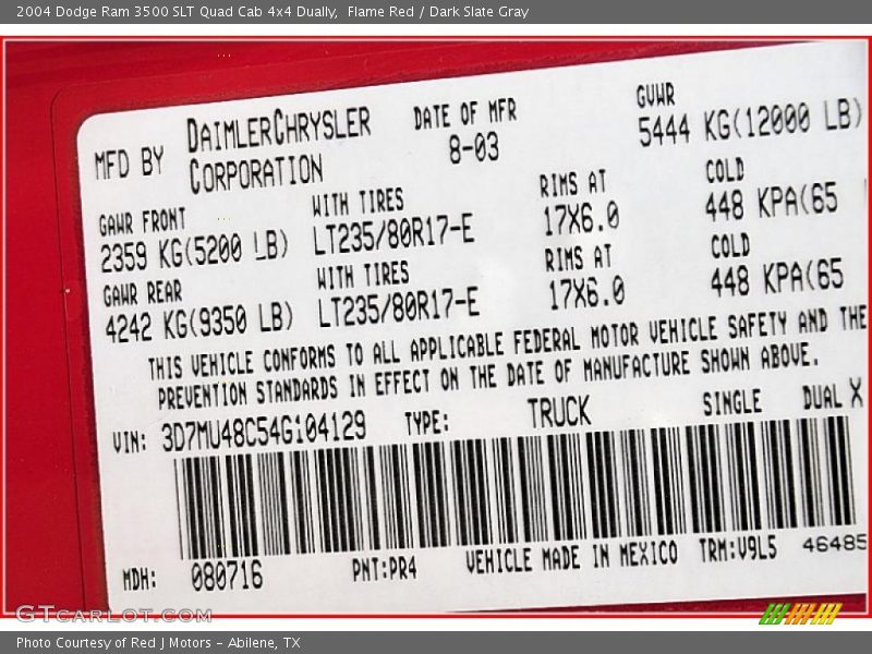Flame Red / Dark Slate Gray 2004 Dodge Ram 3500 SLT Quad Cab 4x4 Dually