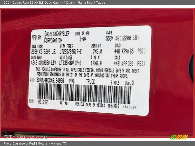 Flame Red / Taupe 2004 Dodge Ram 3500 SLT Quad Cab 4x4 Dually