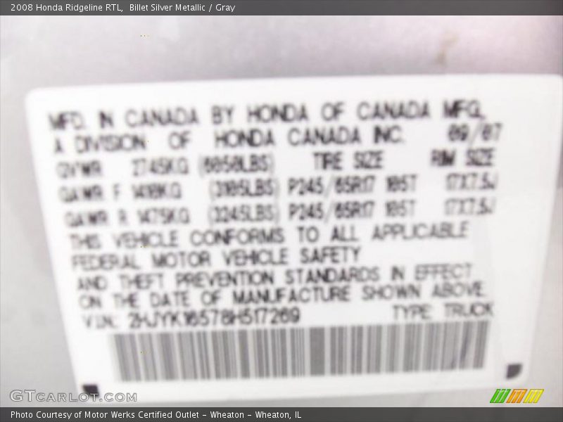 Billet Silver Metallic / Gray 2008 Honda Ridgeline RTL