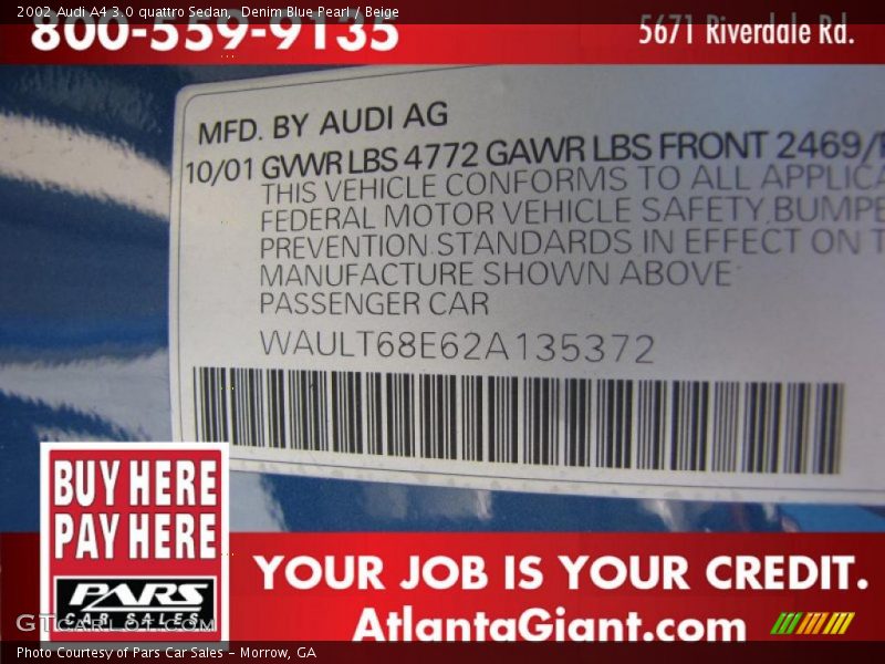 Denim Blue Pearl / Beige 2002 Audi A4 3.0 quattro Sedan