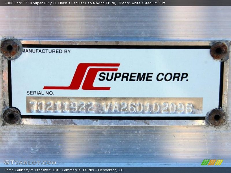 Oxford White / Medium Flint 2008 Ford F750 Super Duty XL Chassis Regular Cab Moving Truck