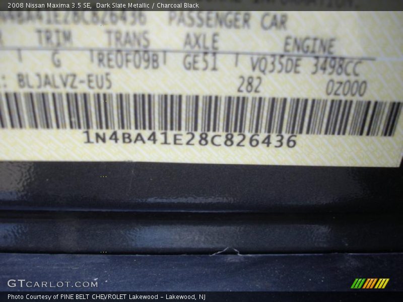 Dark Slate Metallic / Charcoal Black 2008 Nissan Maxima 3.5 SE