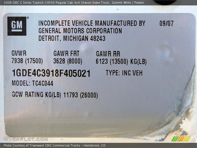 Summit White / Pewter 2008 GMC C Series Topkick C4500 Regular Cab 4x4 Chassis Stake Truck