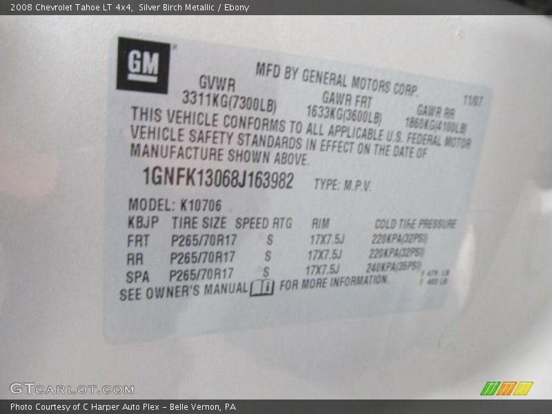 Info Tag of 2008 Tahoe LT 4x4
