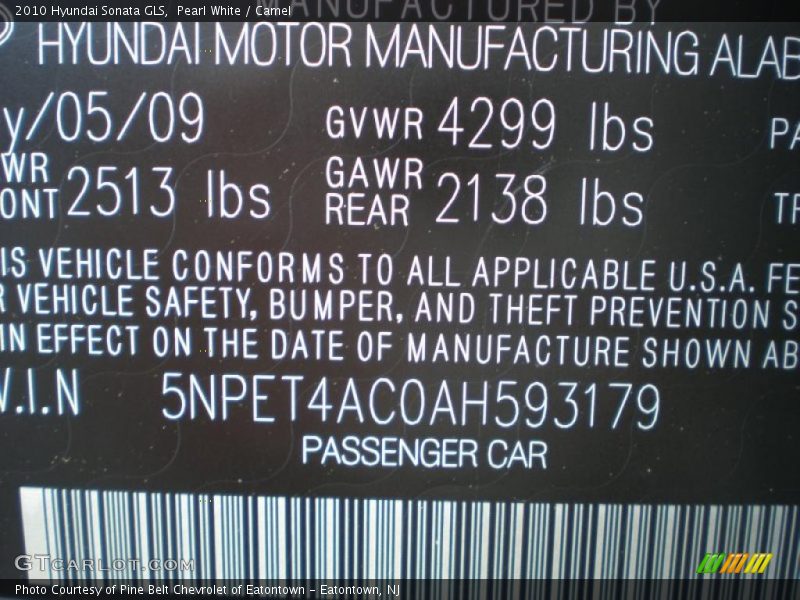 Pearl White / Camel 2010 Hyundai Sonata GLS